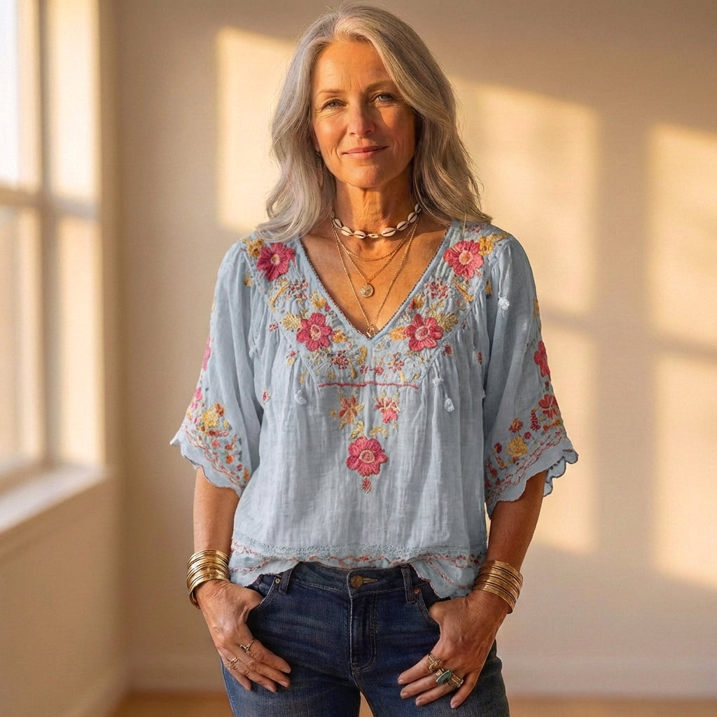 Blouse With Floral Embroidery & Crochet Trim