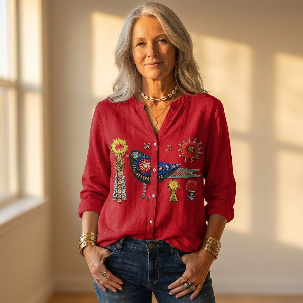 Button Down Shirt With Embroidered Bird & Floral Design
