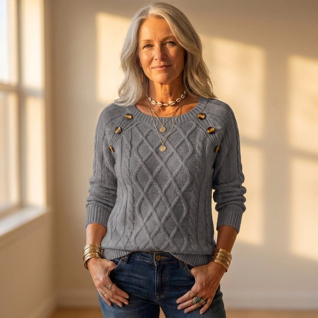 Cotton Sweater with Diamond Cable Knit and Button Shoulder Detail