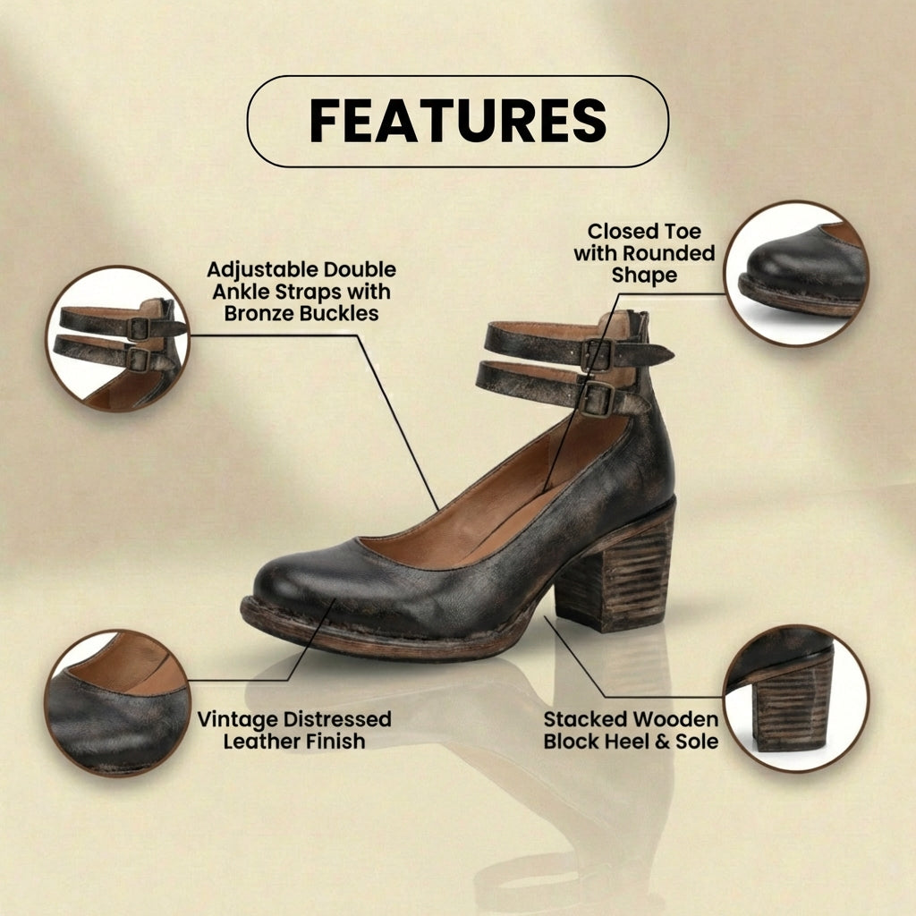 Orthopedic Leather Ankle Boots - Block Heel Double Buckle Strap