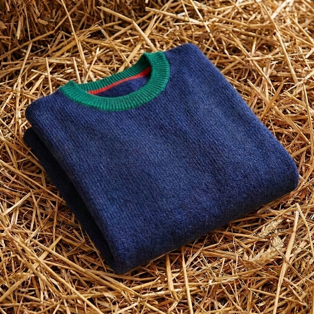 Cotton Crew Neck Sweater with Striped Collar and Cuff