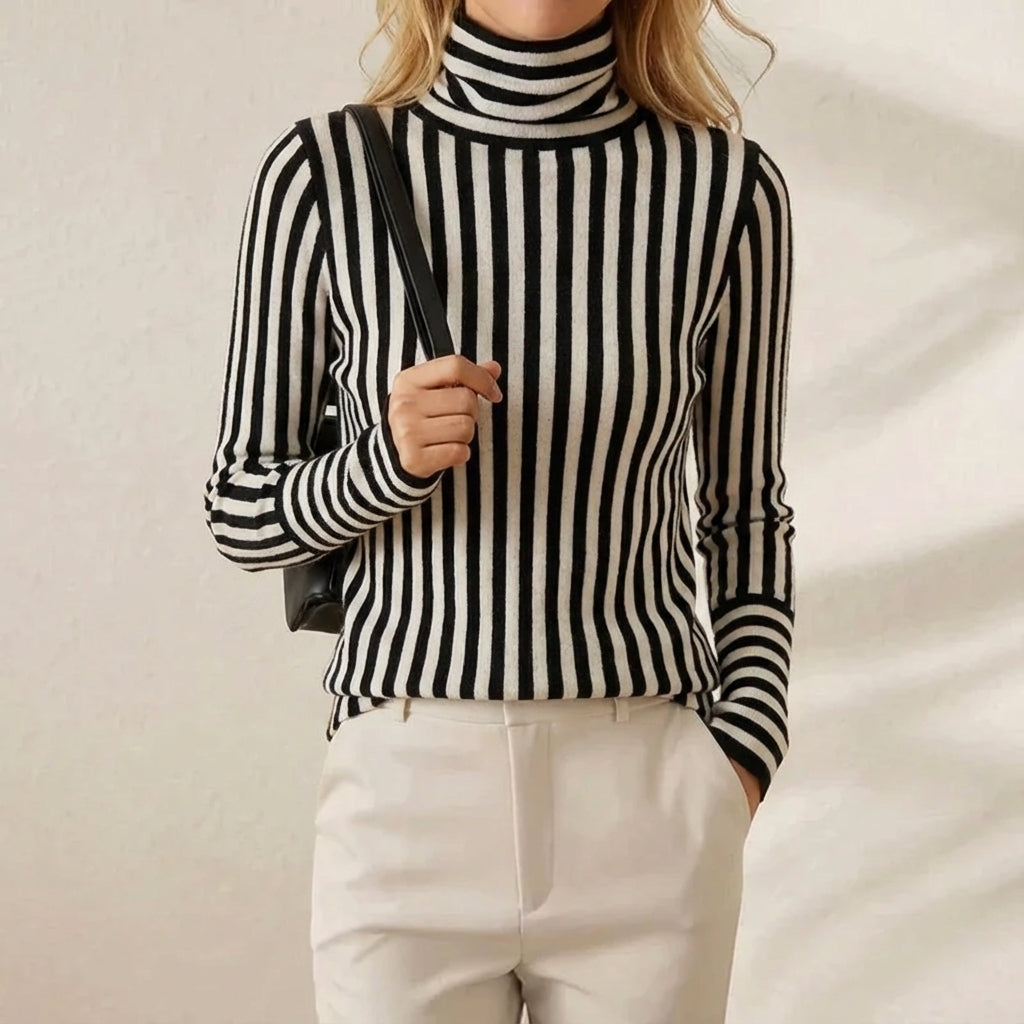 Cotton Turtleneck with Vertical Stripes Black-White