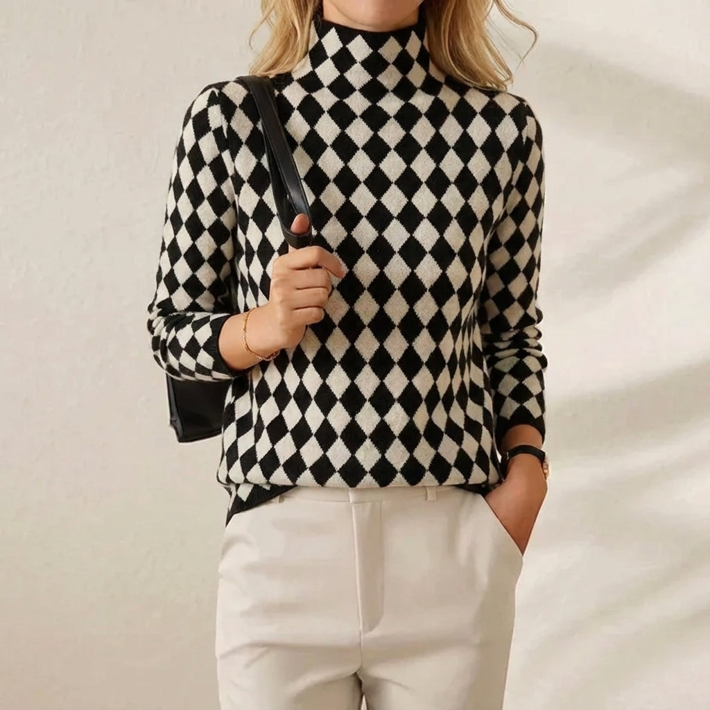 Cotton Turtleneck in Houndstooth Black-White