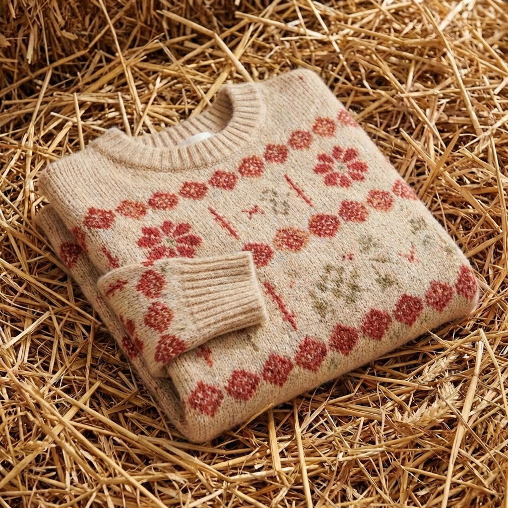 Cotton Crew Neck Sweater with Fair Isle Pattern
