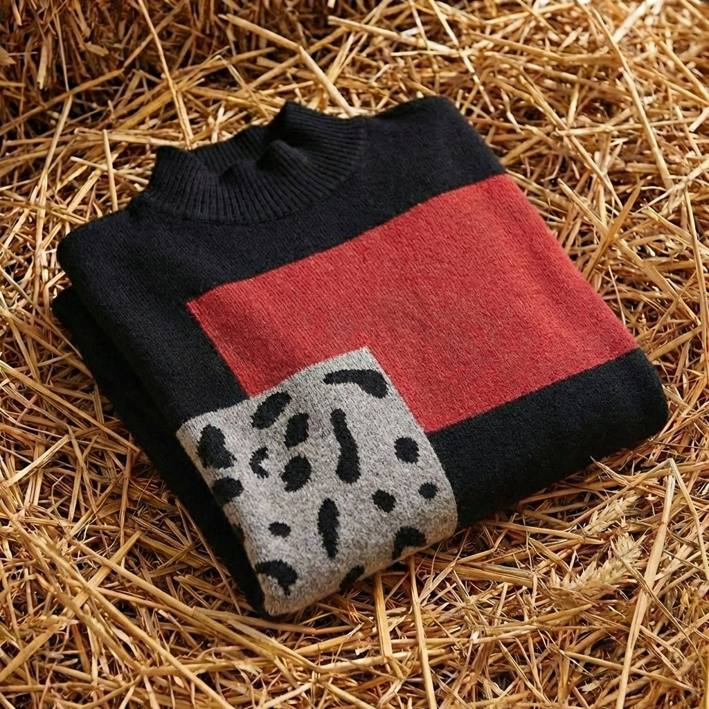 Cotton Crew Neck Sweater with Color-Block Pattern