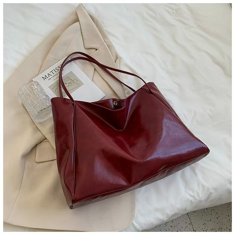 Glazed Leather Oversized Slouch Tote Bag – Minimalist Open Top Shoulder