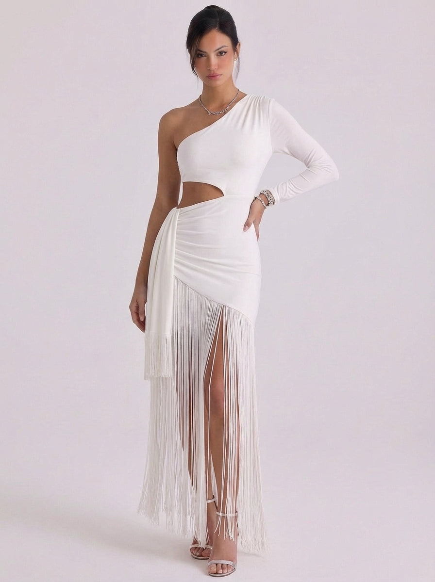 Jersey Cutout One Shoulder Maxi Dress Fringe Hem