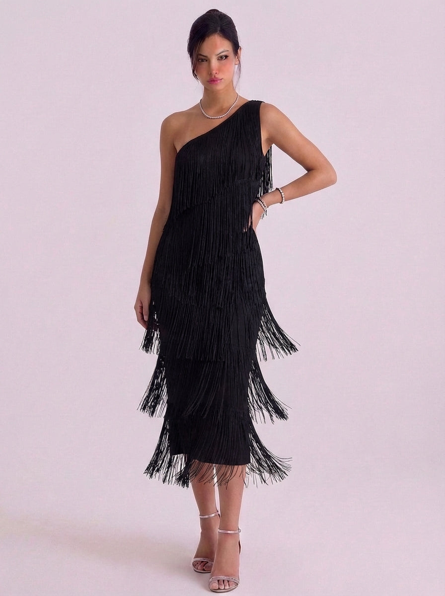 Jersey One Shoulder Fringe Midi Dress