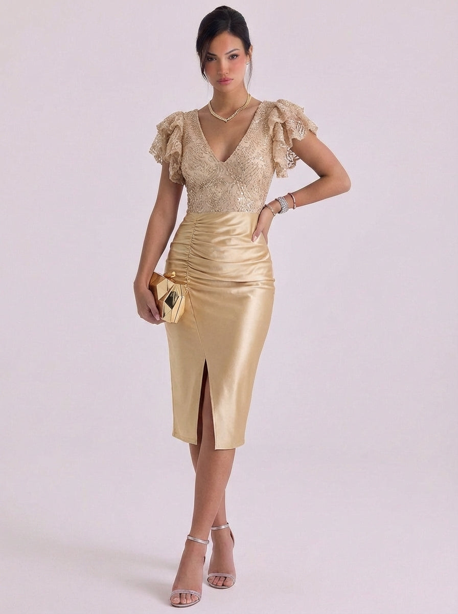 Lace Bodice Satin Midi Dress With High Slit
