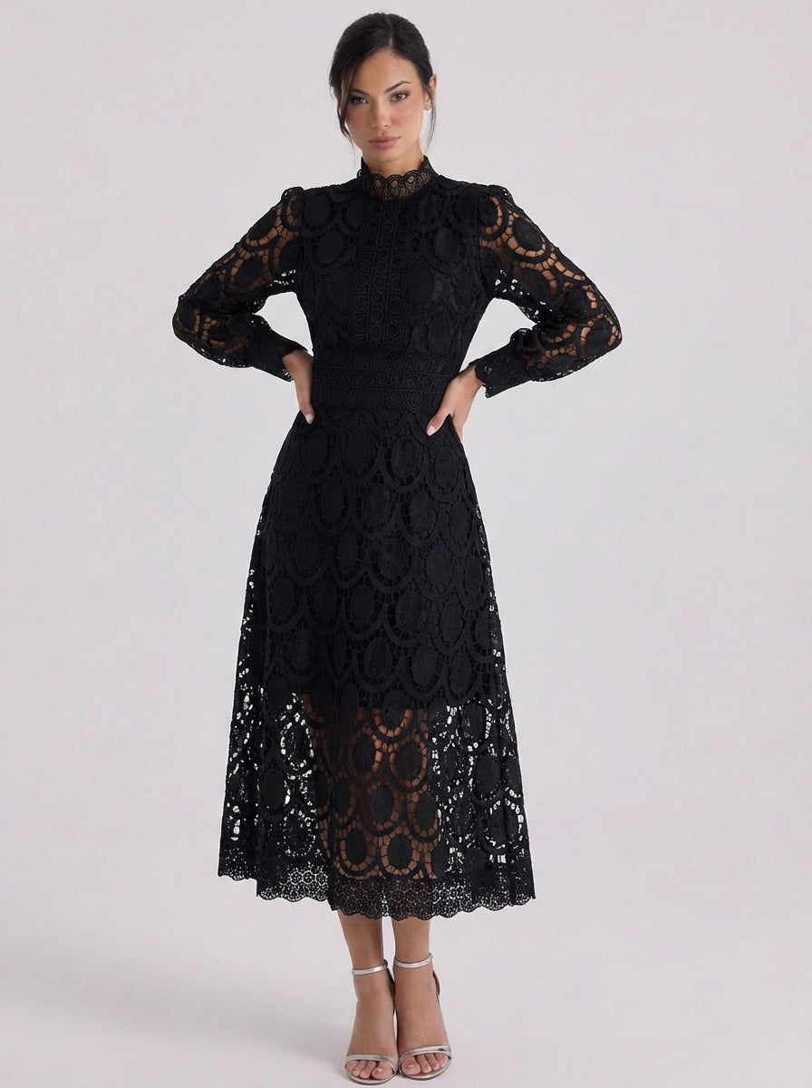Lace High Neck Midi Dress With Puff