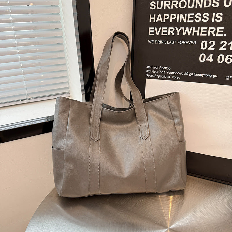 Large Soft Leather Shoulder Tote Bag – Everyday Carry With Side Pocket & Stitch Panel Detail