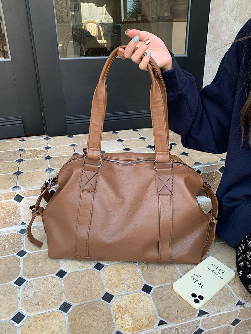 Large Washed Leather Duffle Shoulder Bag – Crossbody Weekend Tote With Matte