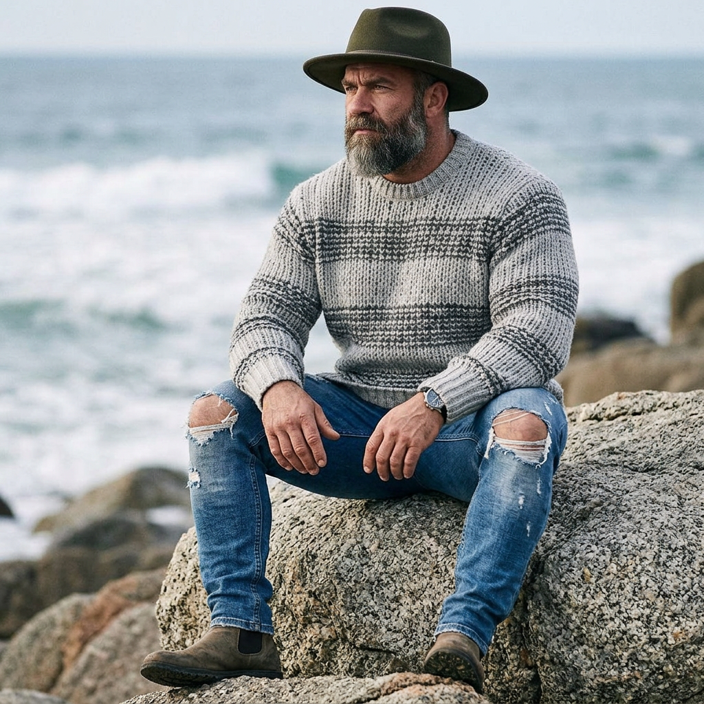 Light Grey Houndstooth Stripe Crewneck