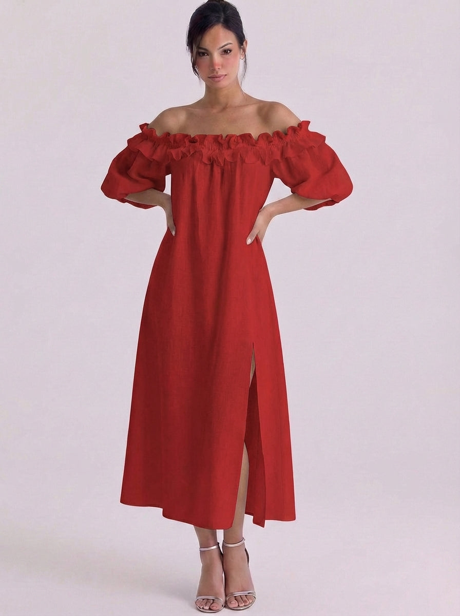 Linen Off Shoulder Ruffle Midi Dress With Puff