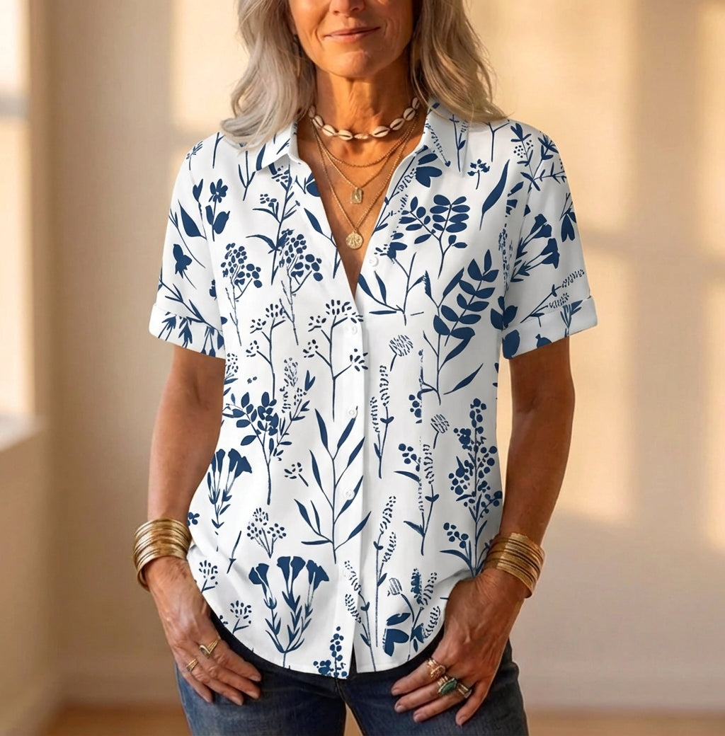 Linen Top With Navy Botanical Leaf Silhouettes