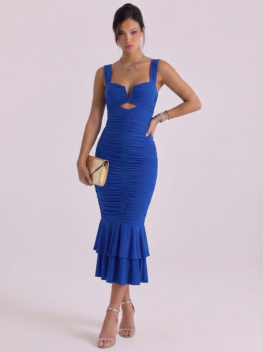 Mesh Ruched Mermaid Midi Dress With Tiered Hem