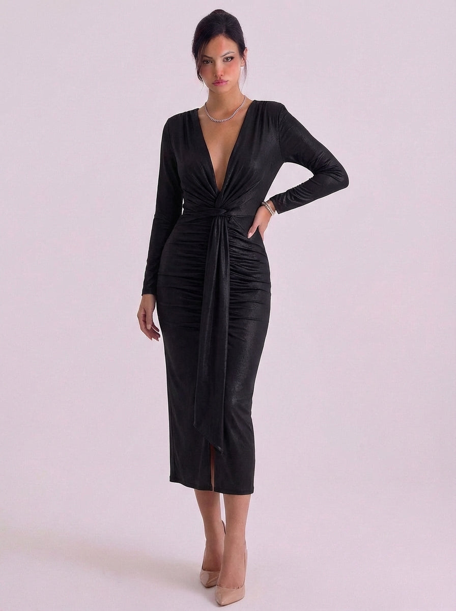 Metallic Jersey Wrap Midi Dress With Tie Front
