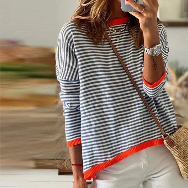 Navy Stripe Contrast Trim Long Sleeve Top