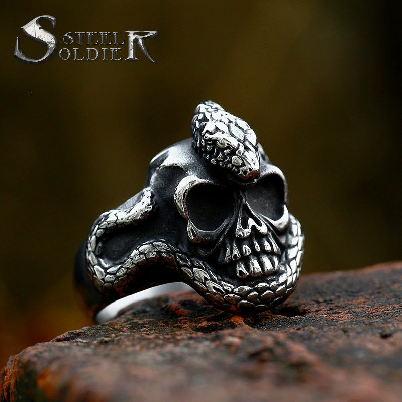 Steel Warrior New Domineering Python Skull Titanium Steel Ring Foreign Trade Punk Style Stainless Steel Ring