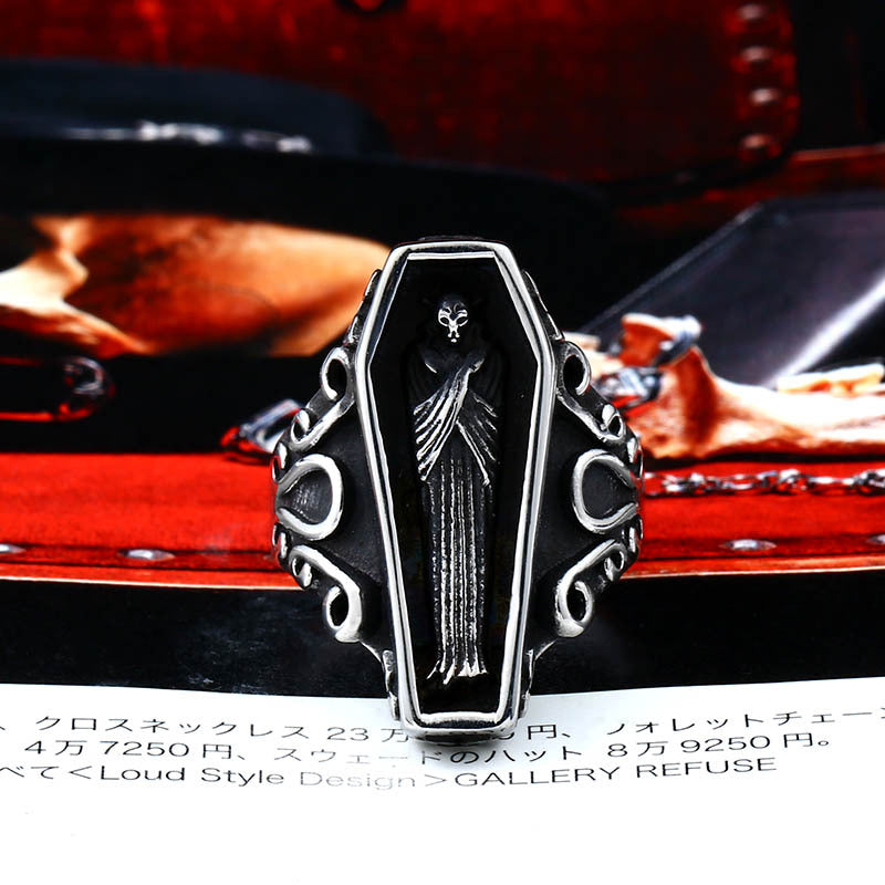 Iron Warrior Punk Jewelry European And American Vampire Diaries Ring Men's Titanium Steel Skull Coffin Ring