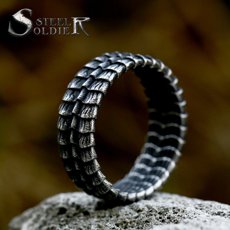 Steel Warrior New Stainless Steel Men's Ring Cross-border Vintage Titanium Steel Dragon Scale Ring Jewelry