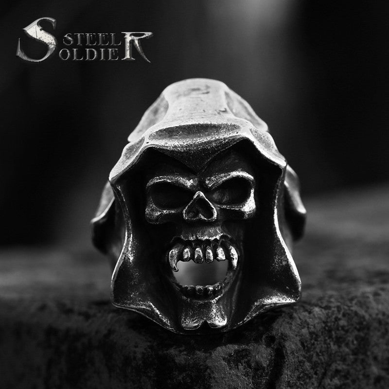 Steel Warrior Punk Style Hip Hop Stainless Steel Ring European And American Retro Death Skull Titanium Steel Ring