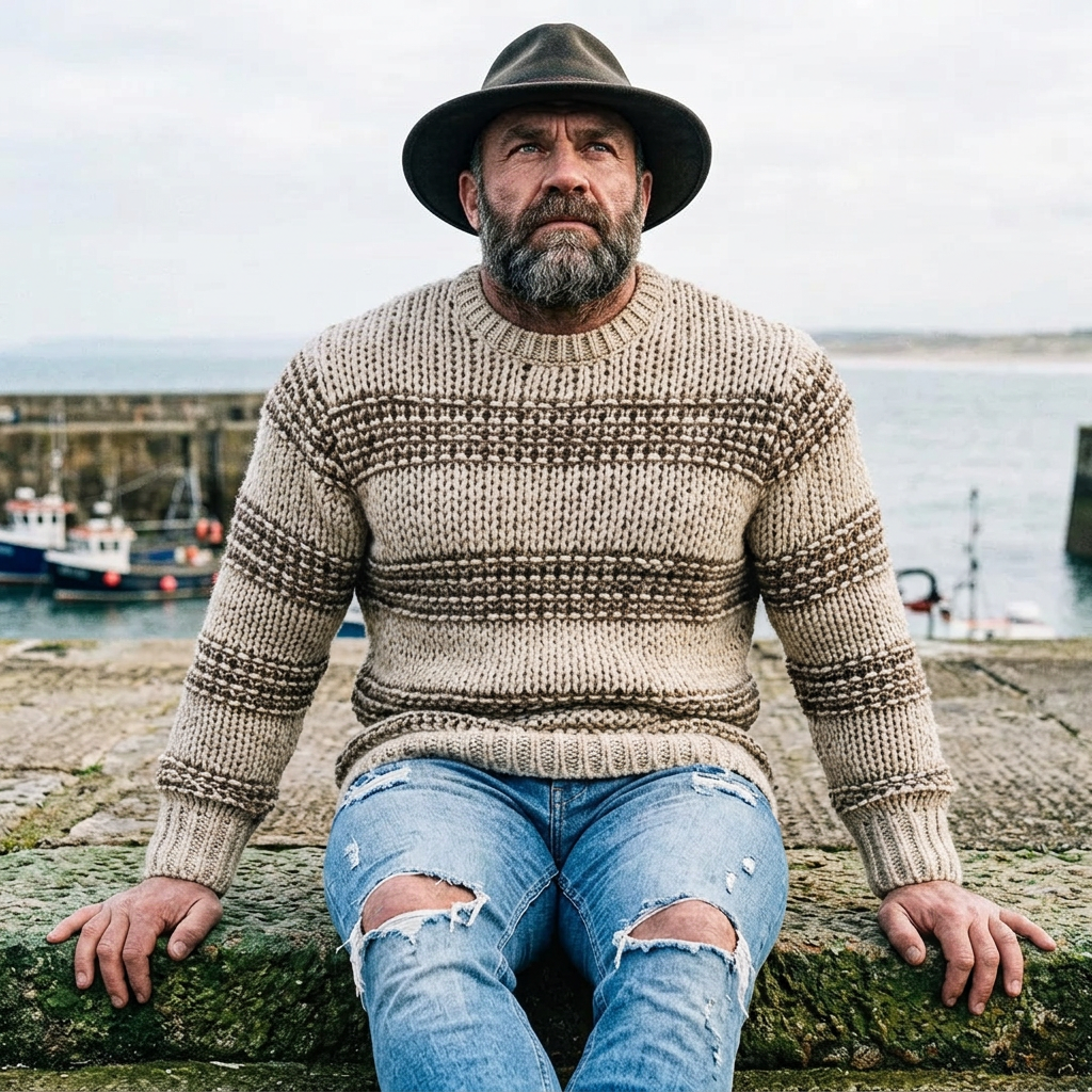 Oatmeal & Brown Horizontal Stripe Fisherman Crewneck