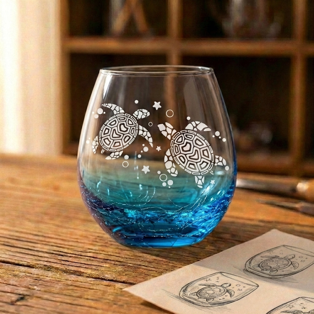 Ocean Blue Turtle Etched Rocks Glass