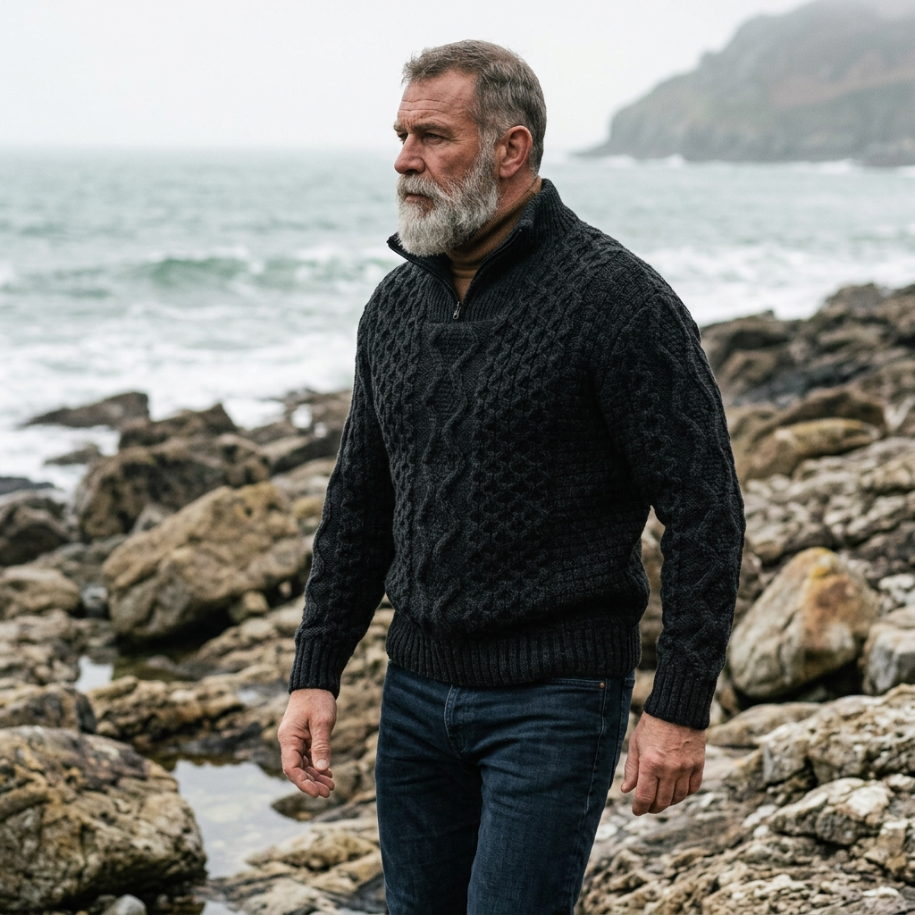 Onyx Black Aran Cable Knit Half Zip