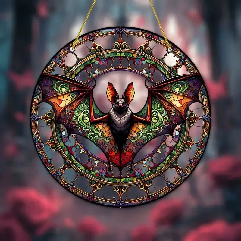 Ornate Bat Medallion Suncatcher Colorful Stained Glass