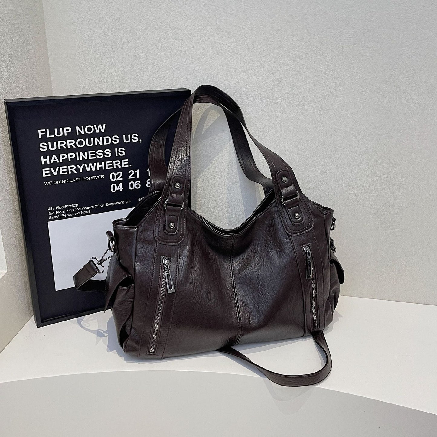 Oversized Soft Leather Dual Zip Shoulder Bag – Casual Hobo Tote With Stud Strap Detail