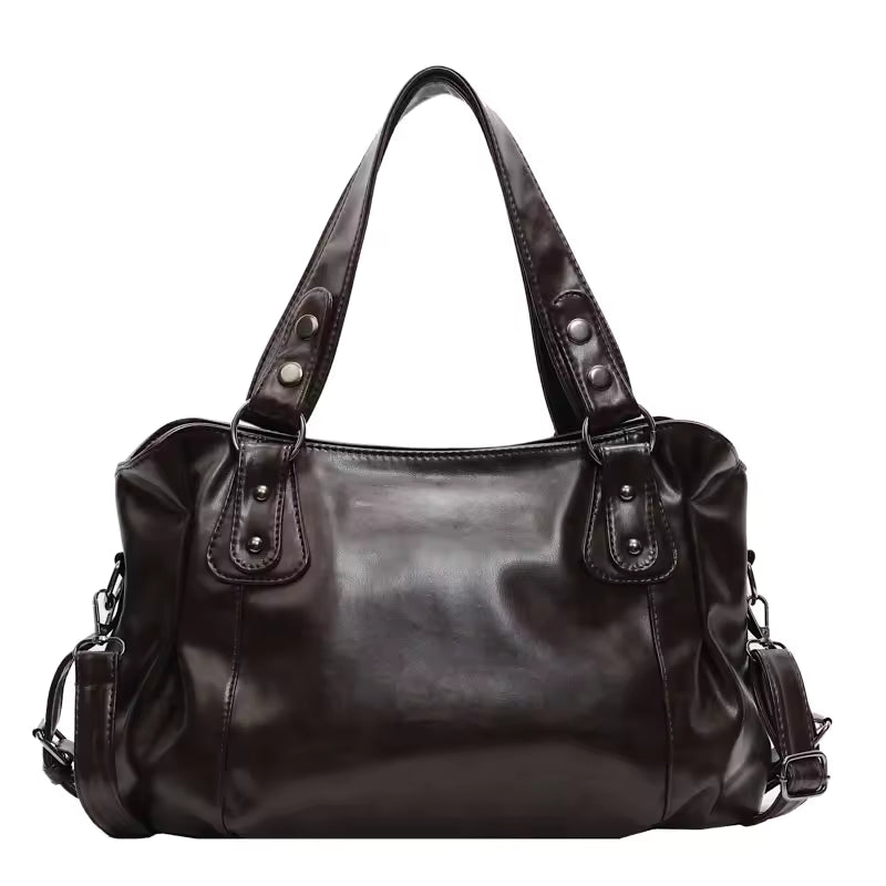 Oversized Soft Leather Hobo Shoulder Bag – Y2K Slouchy Tote With Silver Stud Detail