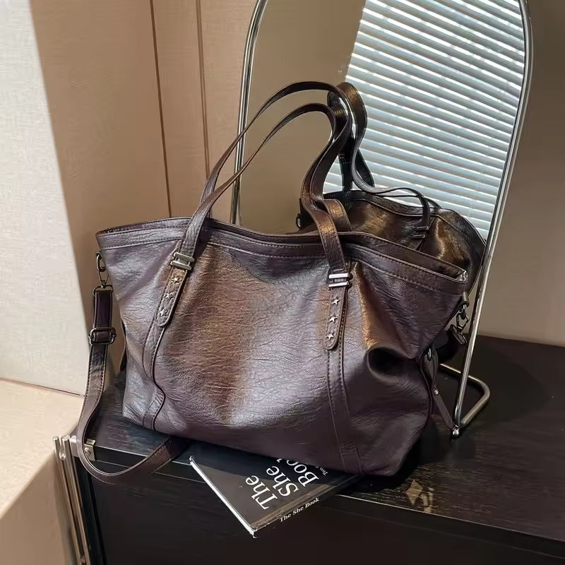 Oversized Washed Leather Hobo Bag – Dual Handle Crossbody Tote With Star Stud