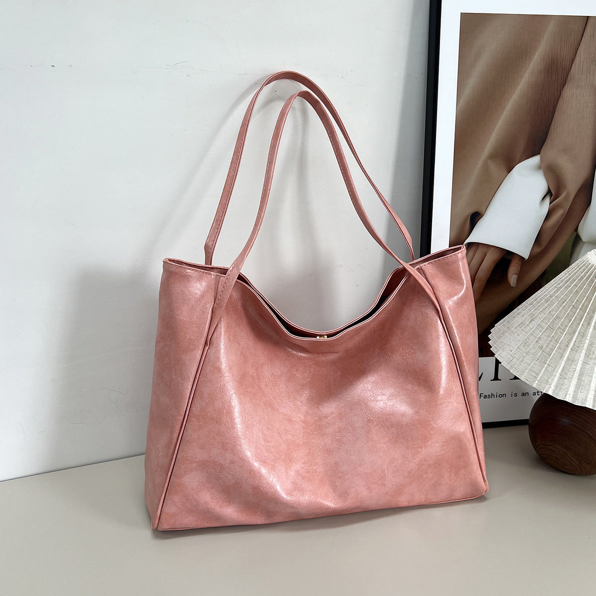 Oversized Washed Leather Slouch Tote Bag – Large Capacity Soft Shoulder