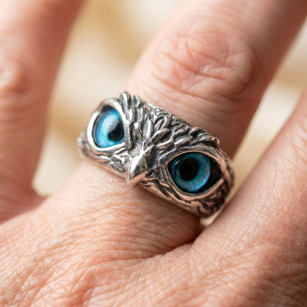 Owl Of Good Luck Adjustable Ring In Silver And Opal