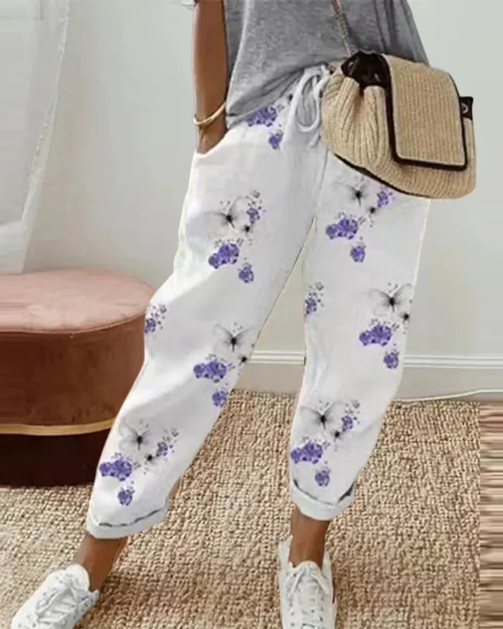 Trousers White With Purple Floral Print