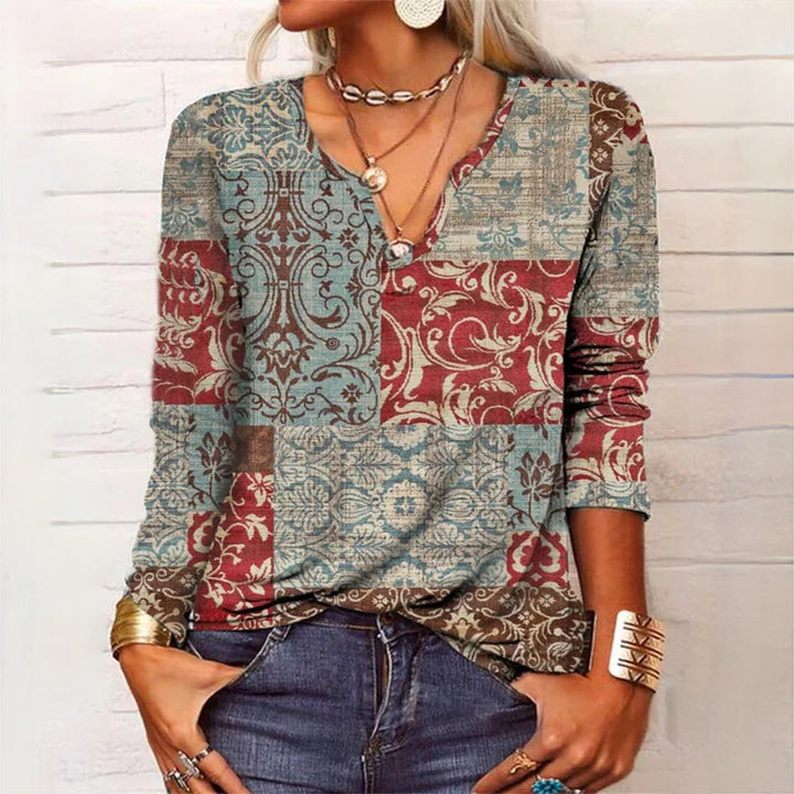 Patchwork Print V Neck Long Sleeve Bohemian Top