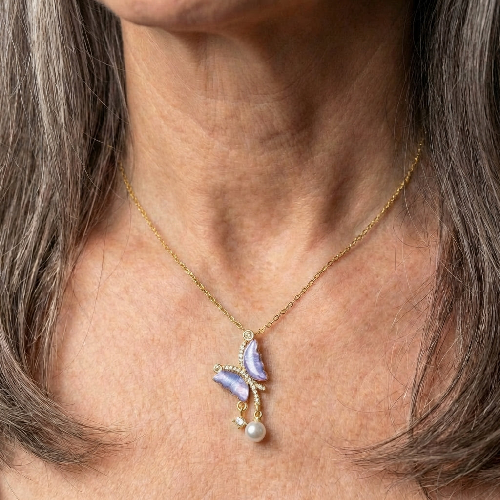 Purple Butterfly Zircon Pearl Necklace