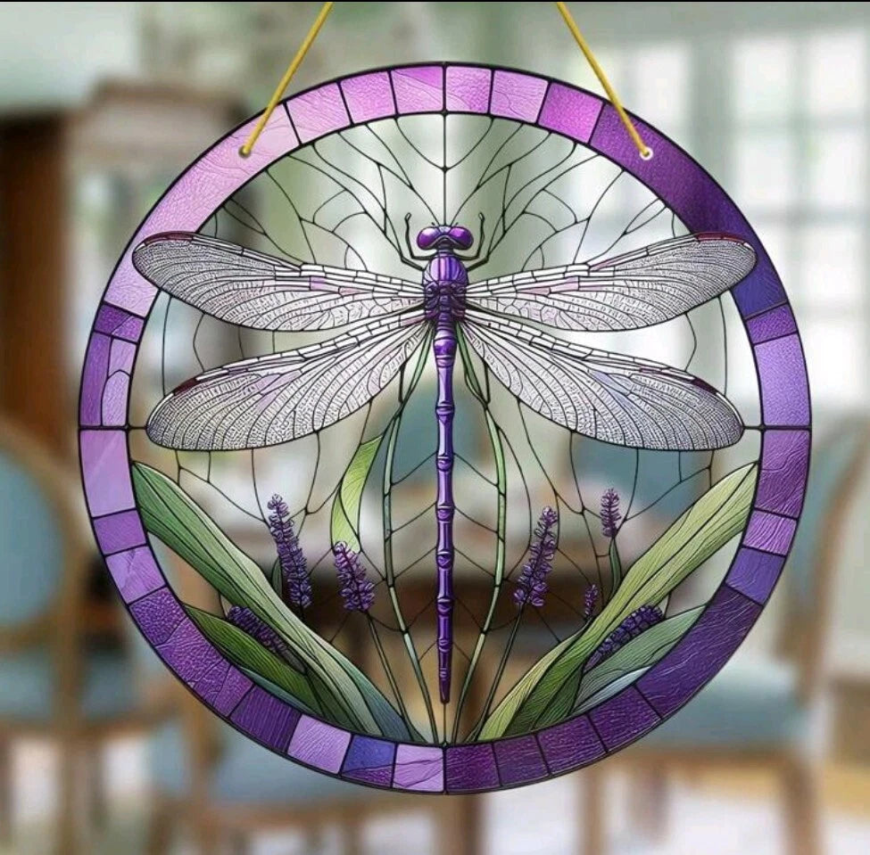 Purple Dragonfly Lavender Suncatcher Garden Scene