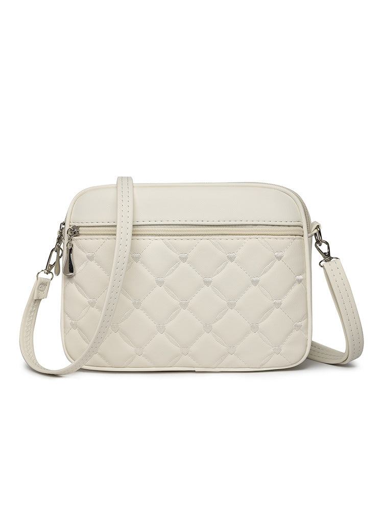 Quilted Heart Embroidered Crossbody Bag – Double Zip Leather Shoulder Purse