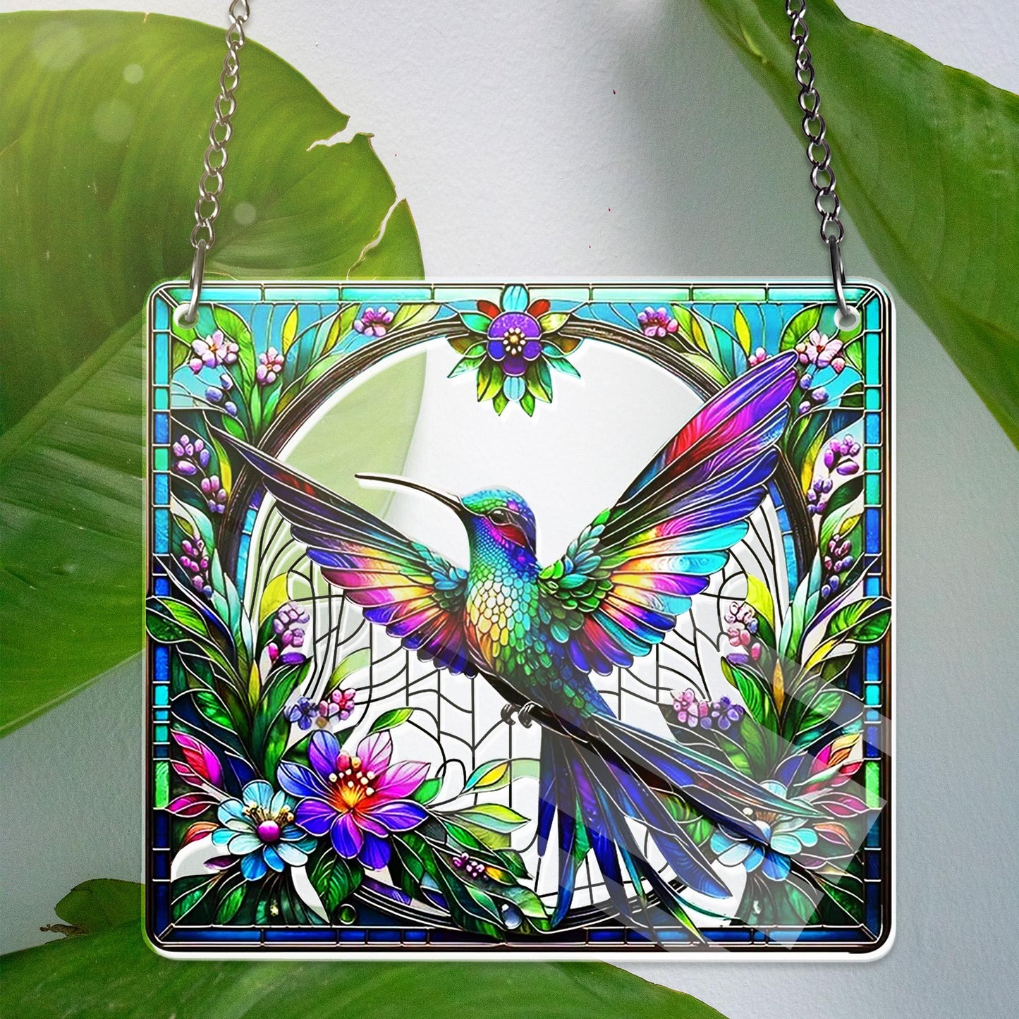 Rainbow Hummingbird Floral Frame Suncatcher