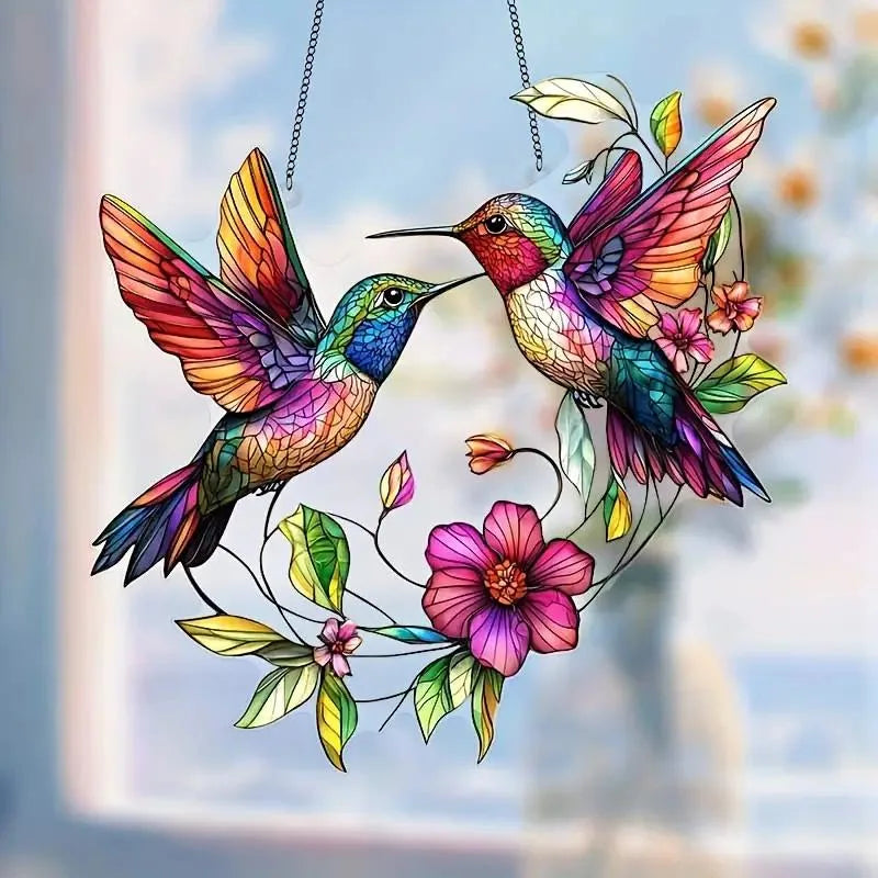 Rainbow Hummingbird Flower Wreath Suncatcher