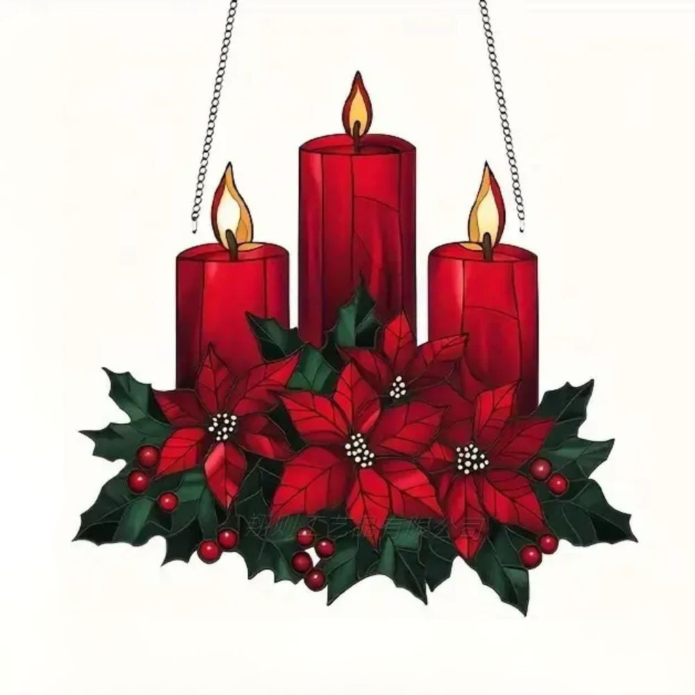 Red Candle Poinsettia Christmas Suncatcher