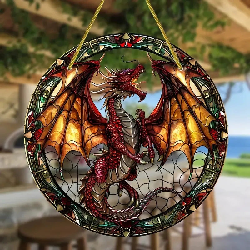Red Dragon Circle Suncatcher Medieval Stained Glass