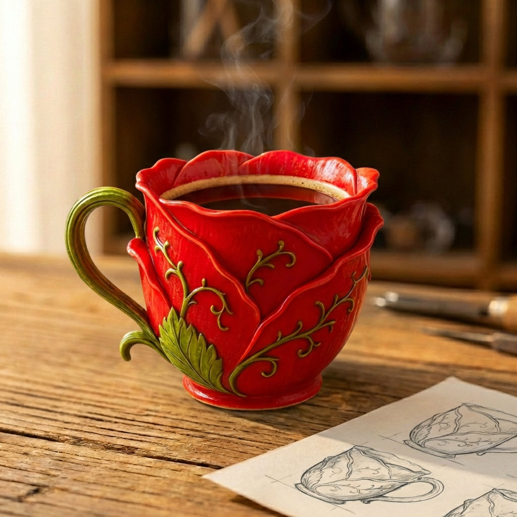 Red Rose Petal Sculptured Mug