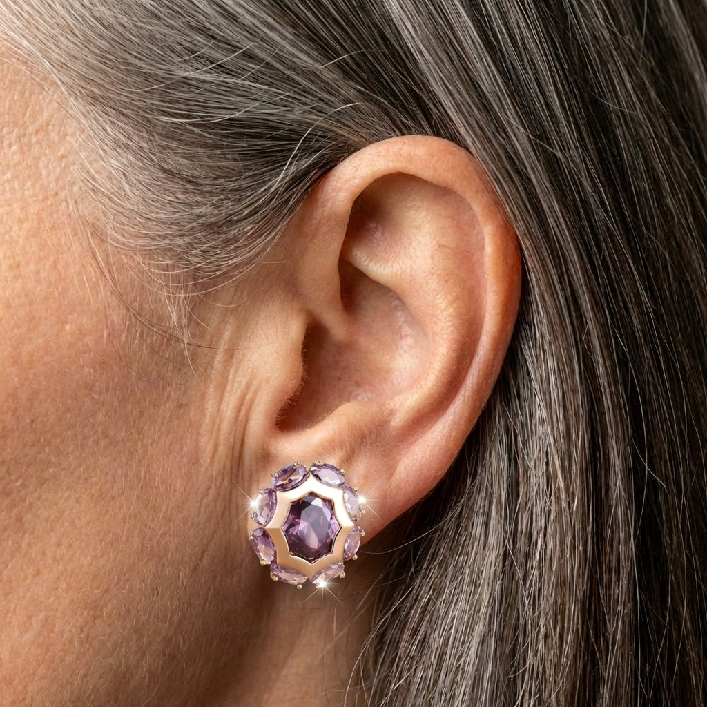 Rounded Violet Zirconia Gold Earrings