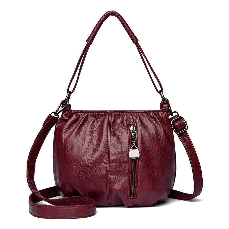 Ruched Soft Leather Convertible Shoulder Bag – Zip Crossbody Handbag With Chain Pull Detail