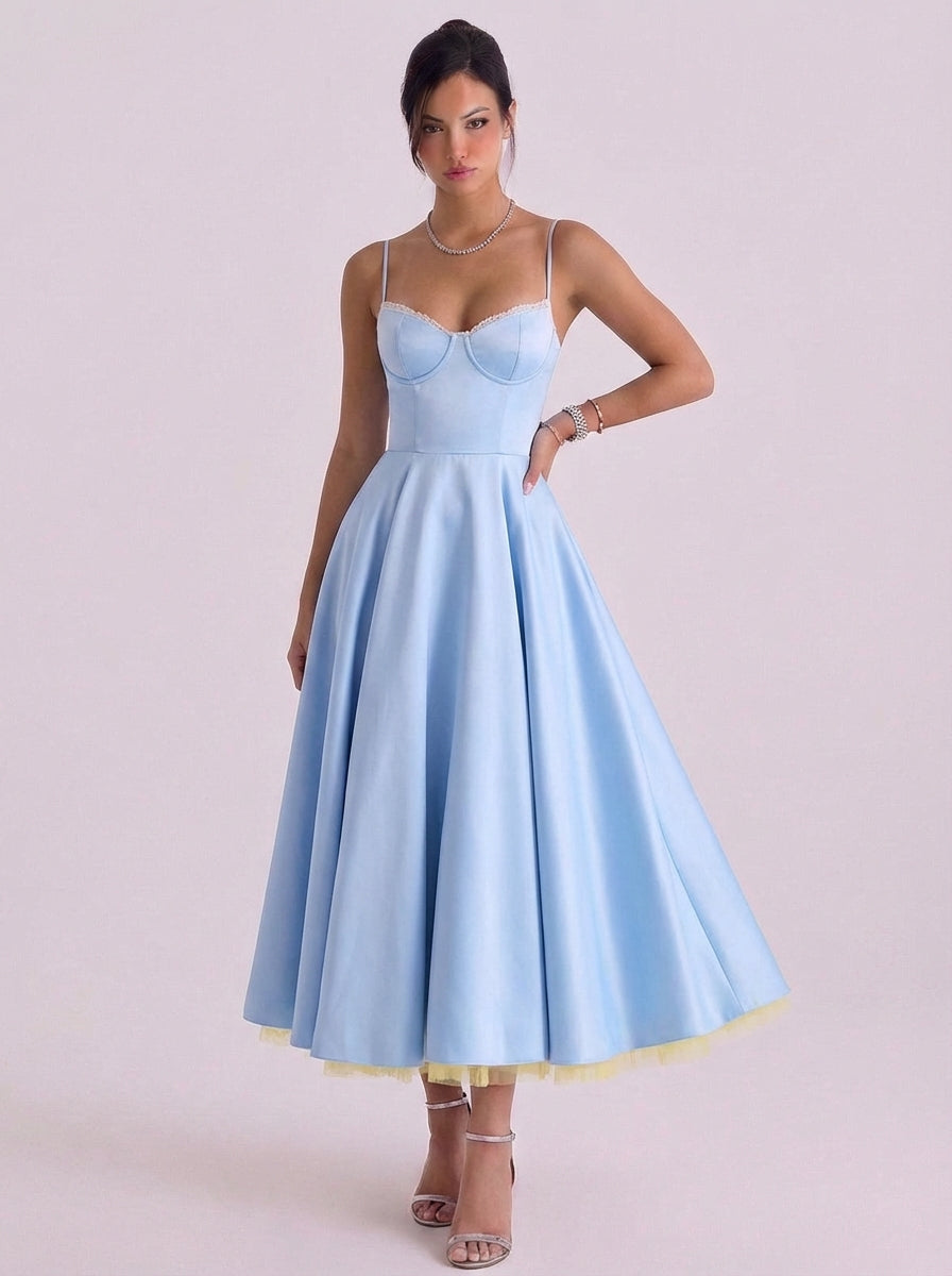 Satin Corset Bodice Midi Dress With Tulle Underskirt