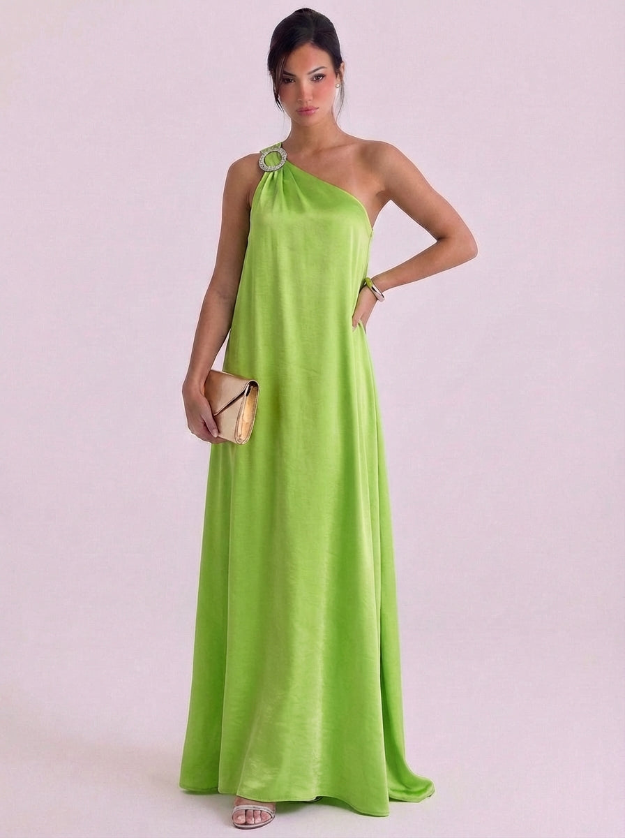 Satin Crystal Brooch One Shoulder Gown Floor Length