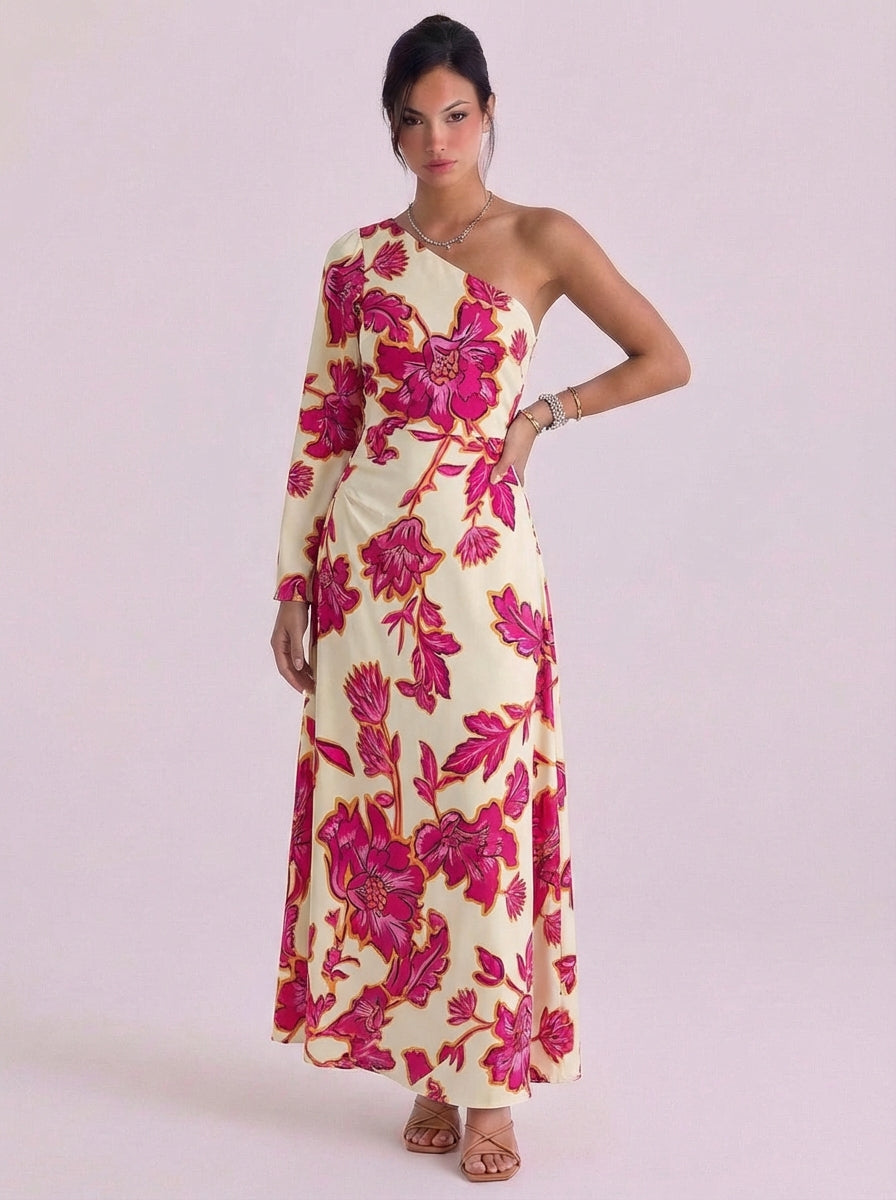 Satin Floral Print One Shoulder Maxi Dress